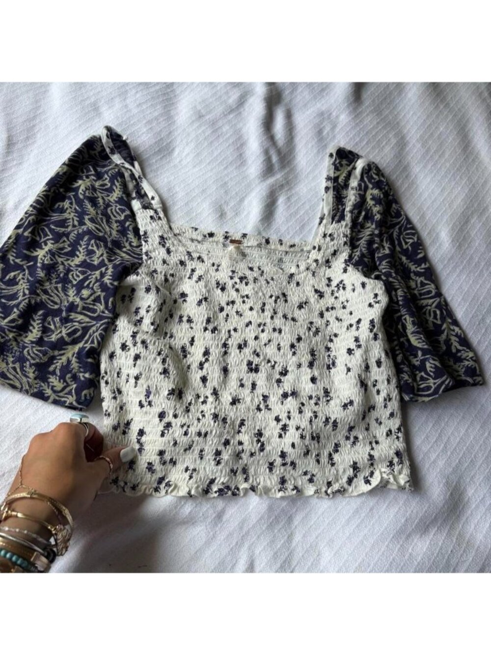 Free People white &amp; blue floral crop top with ruffled sleeves